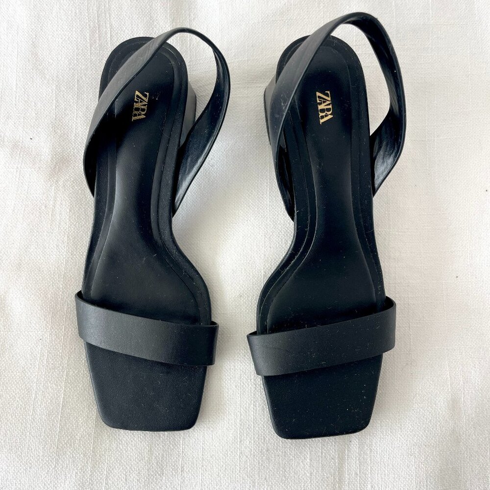 ZARA black leather sling back block heel sandals size - 39